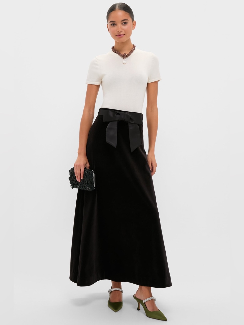 Tuckernuck Black Velvet Whitley A-Line Maxi Skirt Bow NWT XXS